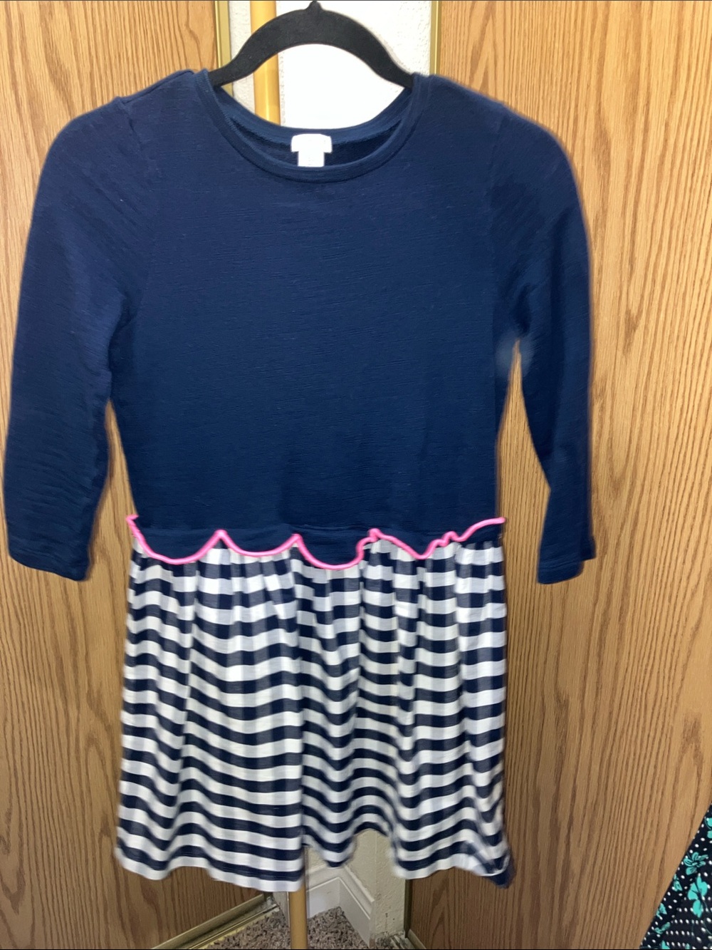 Crewcuts Navy Knit Top with Navy & White Striped Skirt and Pink Trim